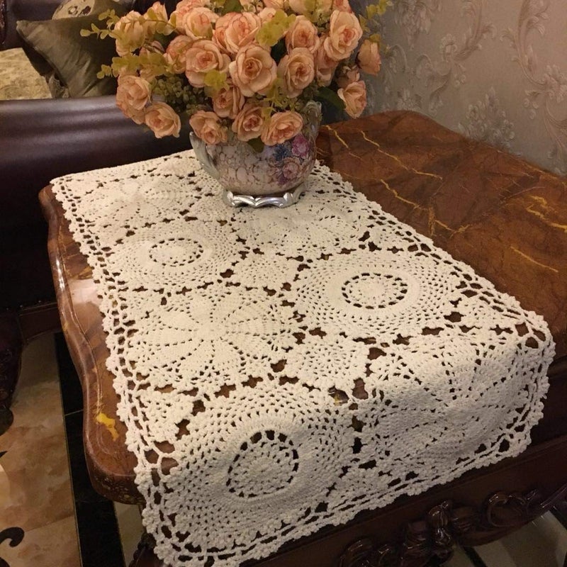 USTIDE Rustic Floral Table Runner Hand Crochet Table Placemats Beige Cotton Table Doilies Runners,1PC - Image 5